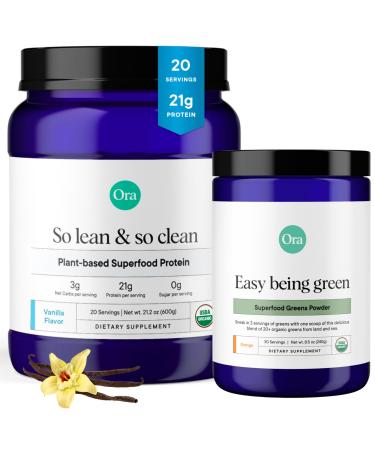 Ora Organic Greens Powder & Protein Power Bundle: 20+ Superfood Greens Blend - Citrus Flavor 30 Servings + 21g Plant Based Protein Powder Vanilla Flavor 20 Servings