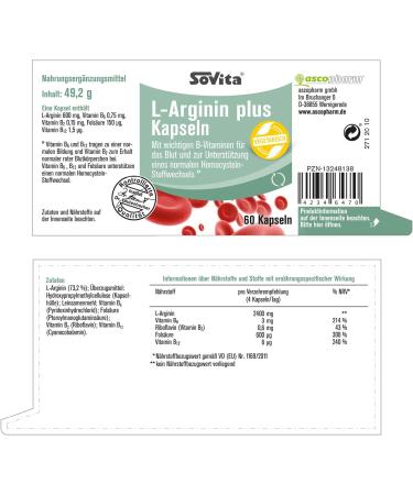 Sovita L-Arginine Plus Capsules - Essential B Vitamins for Blood Health & Homocysteine Support | Dietary Supplement | 60 Capsules - Buy Online on GoSupps.com