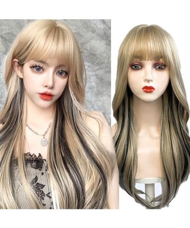 Amnenl Black Mix Blonde Wigs for Women Long Wavy Wigs with Bangs Mix Black Synthetic Heat Resistant Hair Wig Natural Looking for Halloween Cosplay Wig Use