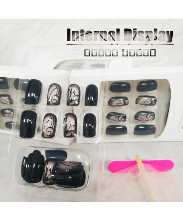 Black Curve Line Press on Nails - Glossy Black Medium Square False Nails with Dark Vine Design & Rhinestones | 24Pcs Gel Glue On Acrylic Manicure Art for Women & Girls - Buy Online on GoSupps.com