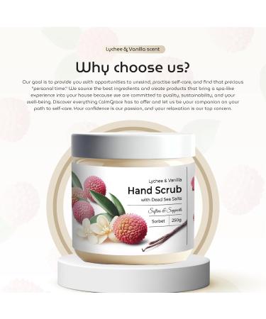CalmGrace Exfoliating Hand Scrub with Dead Sea Salts Lychee & Vanilla Scent | 7.6oz | Hand Scrub Exfoliator in Sorbet Texture Fortified with Aloe Vera Coconut Oil Vitamin C | Body Care Moisturizer - Buy Online on GoSupps.com