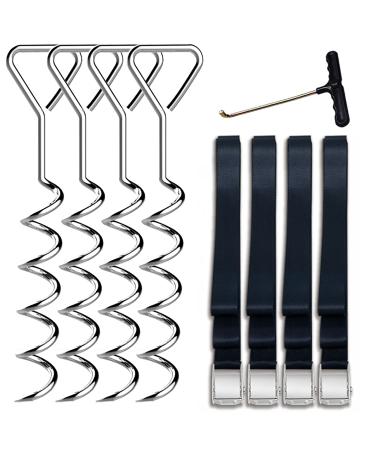 Eurmax USA Trampoline Stakes Heavy Duty Trampoline Parts Corkscrew Shape Steel Stakes Anchor Kit with T Hook for Trampolines -Set of 4 Bonus 4 Strong Belt Silver