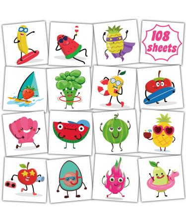 Coszeos 108Sheets Fruit Kids Tattoos Temporary  2  Summer Individual Wrapped Hawaiian Party Fake Tattoo Sticker  Waterproof Beach Party Decoration Supplies Favors for Boys Girls