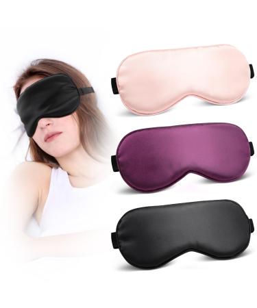 Sleep Mask 3PCS Light Blocking Eye Masks for Sleep with Adjustable Strap Soft Comfortable Eye Covers for Sleeping Imitation Silk Eye Shades for Women Men Travel Airplane Pink+Black+Purple