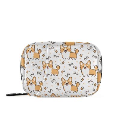Cute Corgi Dog Pill Organizer Case Yellow Puppy Bone 7 Day Travel Pill Box with Zipper Portable Weekly Vitamin Medicine Supplement Holder Pouch Bag