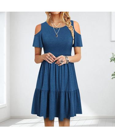 Women's Summer Floral Cold Shoulder T-Shirt Dress with Pocket - Blue Medium - Buy Online on GoSupps.com