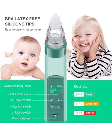 Baby Nasal Aspirator - Rechargeable Nose Sucker with 3 Suction Levels, Soothing Music & Light for Newborns & Toddlers - Green & White - Buy Online on GoSupps.com