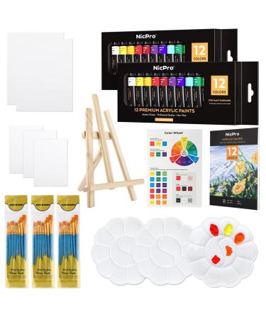 Nicpro Acrylic Paint Set  Kid & Adult Art Painting Party Kit  2 Set of Acrylic Paint (12 Colors)  30pcs Paint Brushes 5 Canvas Panel Wood Easel 3 Tray A5 Paper Pad  Color Wheel for Beginner Artists