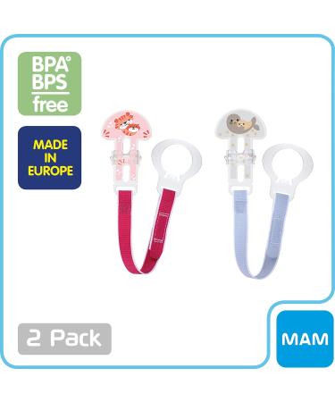 MAM Pacifier Clips for Baby Girls - 2 Count, Fasteners and Flexible Rings, Assorted Designs - 2 Pack - Buy Online on GoSupps.com