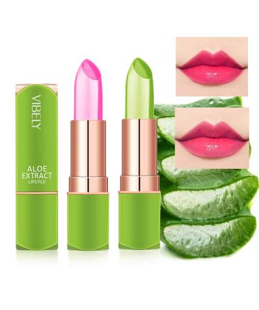 2 Packs Aloe Vera Lipstick , Kaynest Lips Moisturizer Long Lasting Nutritious Lip Balm Magic Temperature Color Change Lip Gloss (Set-A)