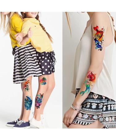 Watercolor Temporary Tattoos - Set of 48 Arm and Body Designs for Adults and Kids | Lion, Wolf, Mermaid, Cat, Tiger | Realistic and Waterproof Body Art for Women and Girls - Buy Online on GoSupps.com
