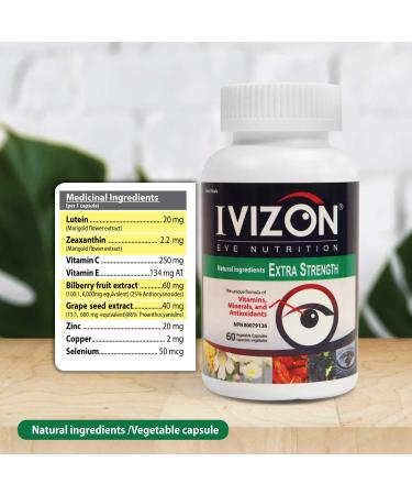 IVIZON Vision Care Supplement Extra Strength with Lutein Zeaxanthin Bilberry Extract Grape Seed Extract Vitamin C Vitamin E Zinc Copper & Selenium - Non-GMO Eye Formula (60 Vegetable capsules) - Buy Online on GoSupps.com