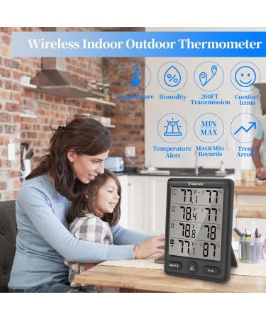 Geevon Digital Radio Thermometer with 3 Sensors - hygrometer Moisture & Air Humidity Meter - 200ft Range - Black - Buy Online on GoSupps.com