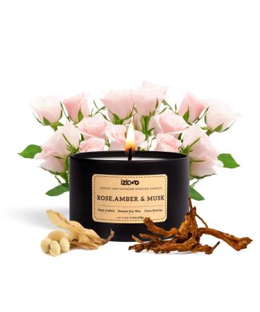IZIDDO Scented Candles Outdoor Candles for Patio Rose Strong Scented Candles for Home Small Natural Candles Gift for Men-6.5oz Rose & Amber Musk 6.5 oz