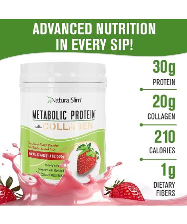 NaturalSlim Metabolic Protein Powder with Collagen whey protein powder shake Hydrolyzed Collagen with L-Glutamine for Metabolic Support Digestion Skin Joints & Muscle Low Carb 17.06oz Strawberry Strawberry With Collagen - Buy Online on GoSupps.com