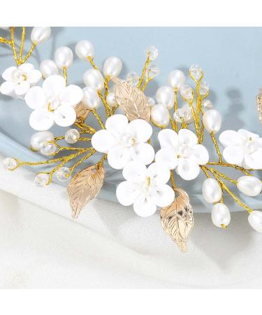 Vakkery Wedding Flower Hair Vine Pearl Headband | Gold Bridal Leaf Headpiece & Accessories for Women & Bridesmaids - Buy Online on GoSupps.com