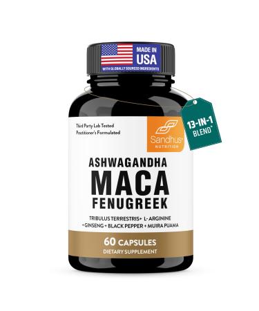 Sandhu's Maca Root Fenugreek with Ashwagandha L-Arginine Ginseng and Muira Puama | Herbal Supplement for Men & Women | 60 Capsules (Pack of 1)