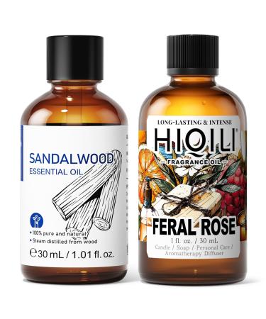HIQILI 30ML Sandalwood Essential Oil & 30ML Feral Rose Fragrance Oil for DIY Diffuser