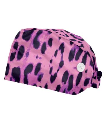 2 Pcs Working Caps with Button & Sweatband Ponytail Hair Cap Tie Back Hats Turban Cap Head Coverings Purple Pink Black Leopard Pattern
