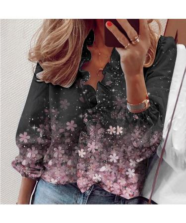 AMhomely Ruffle Blouse for Women V Neck Long Sleeve Blouse Top Shirt Blouse Boho Floral Printed Shirts Ladies Elegant Shirt Office Work Blouses UK Size S M L XL XXL XXXL XXXXL XXXXXL 018 - Long Sleeve Tee Shirts - Pink S - Buy Online on GoSupps.com