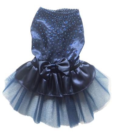 PAWSINSIDE Small Dog Princess Dress Rhinestone Satin T-Shirt Dress Wedding Tutu Voile Dresses (Large Navy) Large Navy