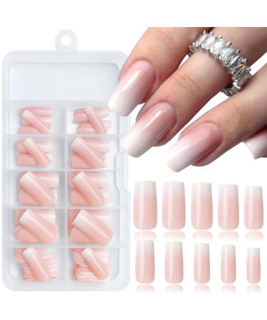 LoveOurHome 120pc Square Press on Nails Long Fake Nails Ombre Nude False Nail Full Cover Square Nails Press ons Nail Glossy Artificial Nail Tips Presson Fingernails with Nail Glue Adhesive Tabs Long Square