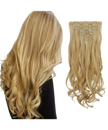 Feshfen clip in extensions 7 parts set 16 clips wavy hair extension clips hair part extensions synthetics wavy clip in hair extreme strawberry blonde & bleach blond hair parts for women 50cm 27h613# strawberry blonde & bleach-blonde-coated 50 cm (1 Pack)