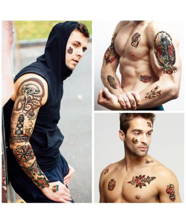 Classic Sailor Jerry Style Temporary Tattoo Sleeves - 55 Old School Stickers for Adults, Kids, Men, Women - American Traditional Flower Design - Buy Online on GoSupps.com