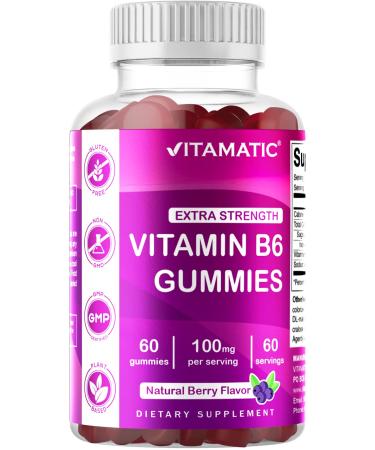 Vitamatic Vitamin B6 100mg - Berry Flavor - 60 Pectin Based Gummies - Supports Nervous System