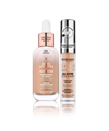DEBORAH Deborah Milano Skin Booster Serum Foundation Set SPF15 N.3 Medium with Vitamin C Natural Effect 30 ml and Perfect 24 Hour Liquid Concealer 03 Sand Long Lasting Waterproof 5.5 g