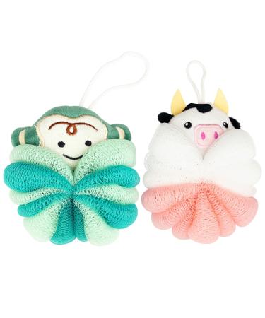 BETITETO Bath Sponges 2Pieces Kids Cute Cartoon Animal Bath Loofahs Pouf Mesh Balls Body Scrubber Bathing Accessories Gifts for Children Women (Cow + Monkey)