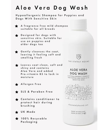 Hypoallergenic Aloe Vera Dog Shampoo - Sensitive Skin Itch Relief Natural Formula Contains Conditioner Tearless pH Balanced Moisturising for Soft Fur Made in UK 250ml for Puppies & Dogs - Buy Online on GoSupps.com