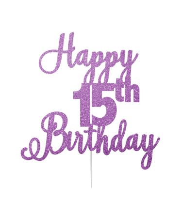 LissieLou Happy 15th Birthday Cake Topper in Pretty Glitter Card Made in the UK - Light Purple