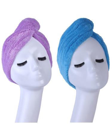 YYXR Microfiber Hair Turban Towel Wrap - Super Absorbent Drastically Reduce Hair Drying Time(2 pack puple & blue)) Purple-blue