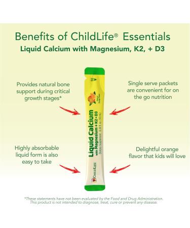 ChildLife Essentials Liquid Calcium Supplement for Kids Single Serve - Baby Calcium with Magnesium Vitamin D3 & K2 for Bone Support On The Go Nutrition - Orange Flavor 0.34 fl oz (30 Stick Packs) - Buy Online on GoSupps.com