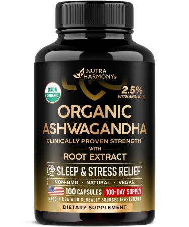 Ashwagandha Supplements 1800mg - USDA Organic Ashwagandha for Women & Men - Clinically Effective Strength for Stress Relief & Sleep - Powder & Root Extract 2.5% Withanolides - Made in USA 100 Capsules