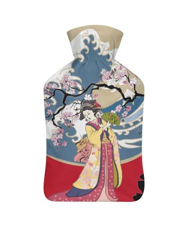 Heat bottle with lid Japanese wave women in the kimono with cherry blossom rubber hot water sac for pain relief cramps foot warmers hot and cold therapy