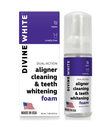 Divine White Dual-Action Stain Removal Aligner/Retainer Cleaner and Teeth Whitening Foam- Hydrogen Peroxide-Good for Invisalign, ClearCorrect, SmileDirectClub, Candid, Byte -Oral Care-Foam Toothpaste 1.69 Fl Oz (Pack of 1)