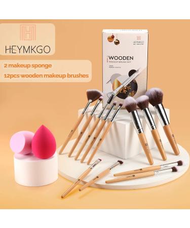 HEYMKGO 12pc Travel Size Makeup Brush Set with 2pc Sponges | Wooden Handle Brushes for Foundation, Blush, Eyeshadow & More - Buy Online on GoSupps.com