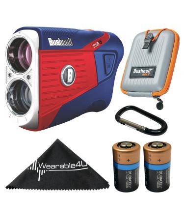 Wearable4U Bushnell Tour V5 Laser Golf Rangefinder with Included Carrying Case, Carabiner, Lens Cloth Selected Bundles + Extra Battery Red/White/Blue Edition