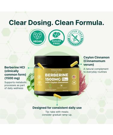 VINATURA Berberine 1500mg - Berberine Supplement with Ceylon Cinnamon Max Potency Berberine HCL - 90 Capsules - Buy Online on GoSupps.com