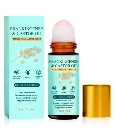 Frankincense and Castor Oil Roll On with Rose Quartz Delivers Silky Smooth Skin Feel Suitable for Face Neck Abdomen 50ML/1.7OZ(1 Pcs)
