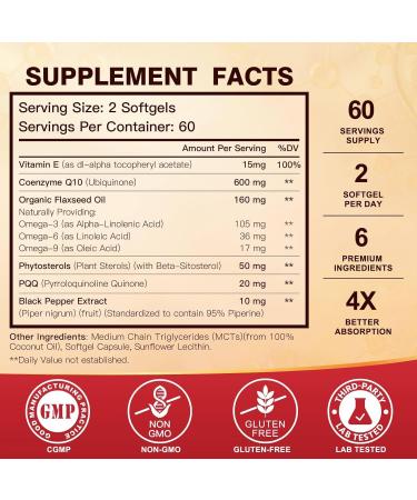 CoQ10 600 mg Softgels - Coenzyme Q10 Supplement with Omega 3 PQQ & Vitamin E for Heart Health & Antioxidant Support - 60 Servings - Buy Online on GoSupps.com