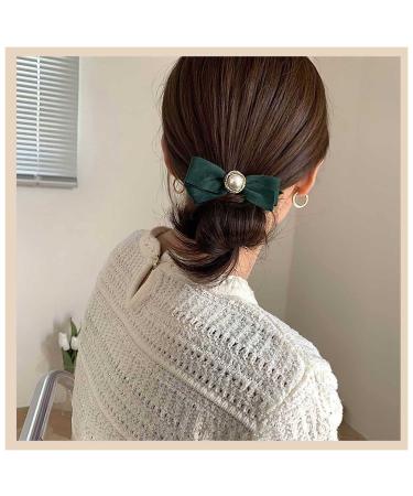 Inilbran Vintage Satin Bow Hair Barrettes Green Velvet Satin Bow Hair Clips Winter Ribbon Bow Headclip Barrette French Pearl Bowknot Hairclip Decorative Hair Accessories for Women(Green)