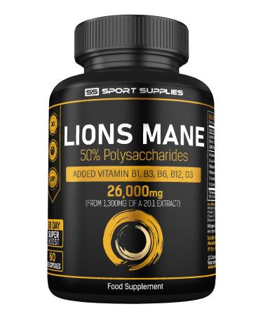 Lions Mane Supplement High Strength 26 000mg Plus 5 Vitamins (from 1 300mg of 20:1 Extract Ration) - 50% Polysaccharides - 60 Concentrated Mushroom Capsules - No Bulking/Binding Agents Like Tablets