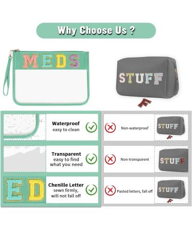 Chenille Letter Bag Clear MEDS Makeup Pouch - Waterproof Travel Organizer for Pills & Medicine | Preppy Zipper Pouch with Wristlet (A-MEDS-Green - Buy Online on GoSupps.com