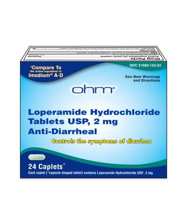 Ohm Loperamide Hydrochloride caplets, 2 mg, Anti-Diarrheal, 24 Count