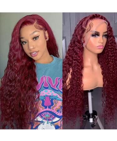 Apomedite 99j Burgundy Lace Front Wigs Human Hair Deep Wave 13x4 Hd Lace Frontal Wigs for Black Women Glueless Wigs Human Hair Pre Plucked Deep Curly Wet and Wavy Red Colored Lace Front Wig (26 Inch) 26 Inch 99j Burgundy