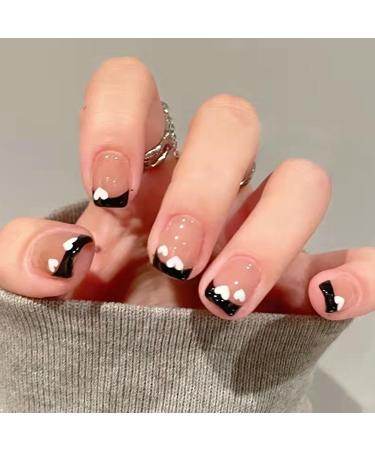 Handcess square French artificial nails pink shiny short press on nails ballerina heart acrylic nails for women and girls (24 pieces)