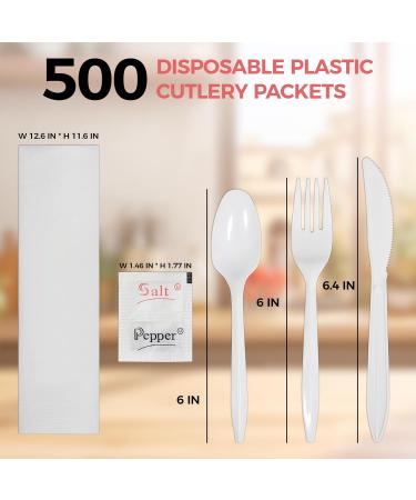 Value Plus (500 Count) 6 Piece Disposable Plastic Cutlery Set White Knife Fork Spoon Napkin Salt and Pepper Sachet Individually Wrapped Cutlery Kits Bulk Cutlery Set for Takeaway - Buy Online on GoSupps.com